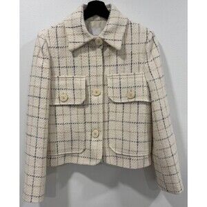 MANGO Women's Crop Check Tweed Cotton Jacket Size S - Extra Small Light BEIGE